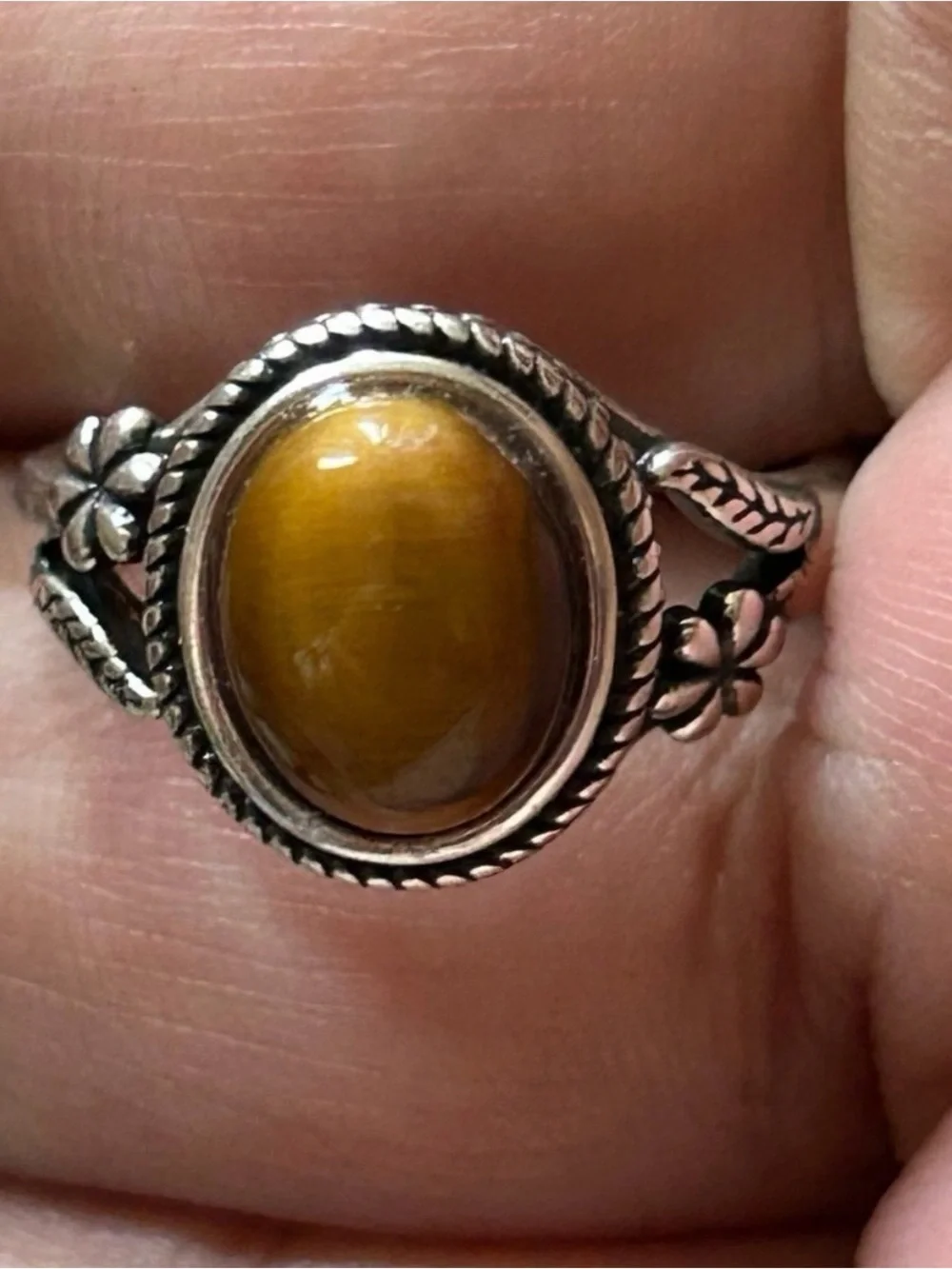 Sterling Silver S925 Ring with Tiger's Eye Crystal Stone Size 7 Woman’s floral